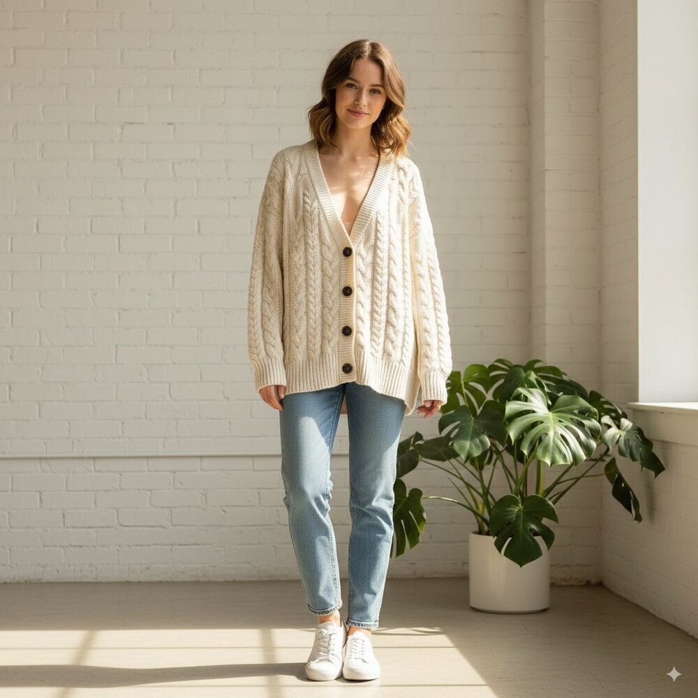 Moon River V Neck Long Sleeve Cable Knit Oversize Cardigan in Cream One Size